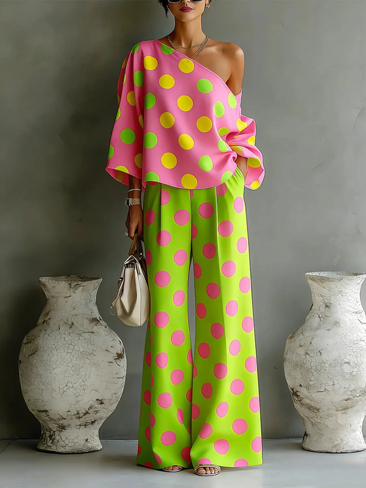 Women Summer Color Wave Point Two Piece Set Slant Shoulder Open Back Top+High Waist