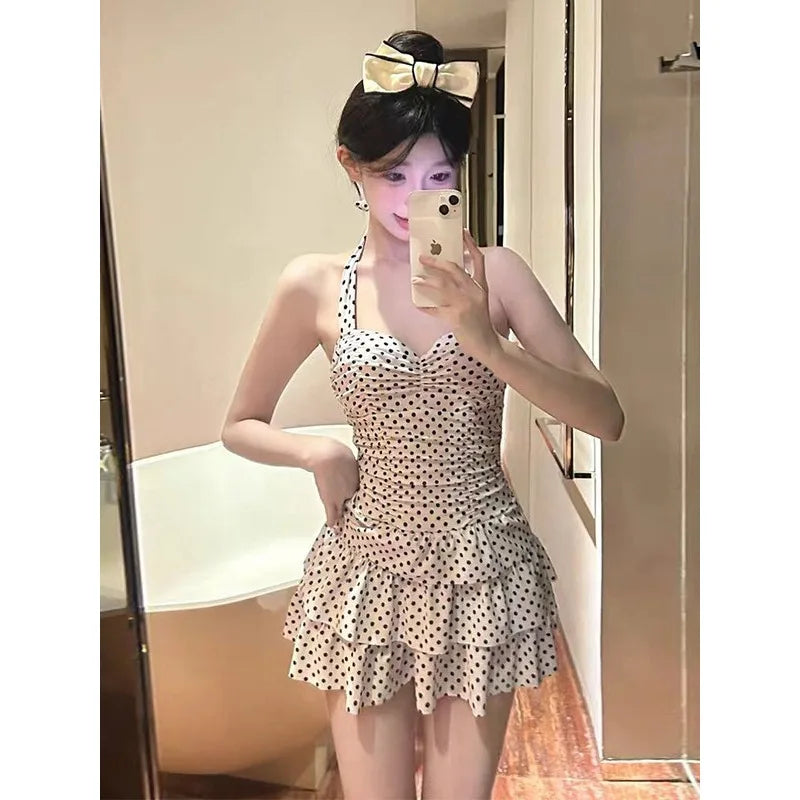 Sweet Red Polka Dot Halter One Piece Swimsuit Dress