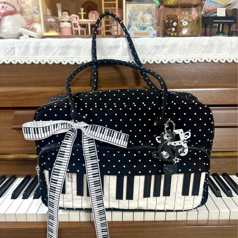 Girls Polka Dot Piano Key Handbag Black And White Retro