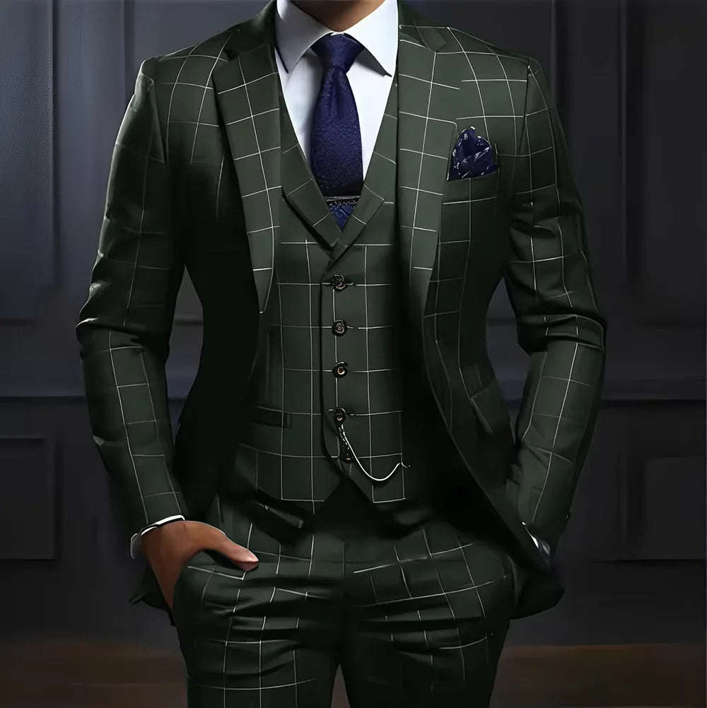 Customized Navy Blue Plaid Men Suits Business Male Blazers Slim Fit Notched Lapel Groom Tuxedos 3 Pcs Sets Handsome Ropa Hombre