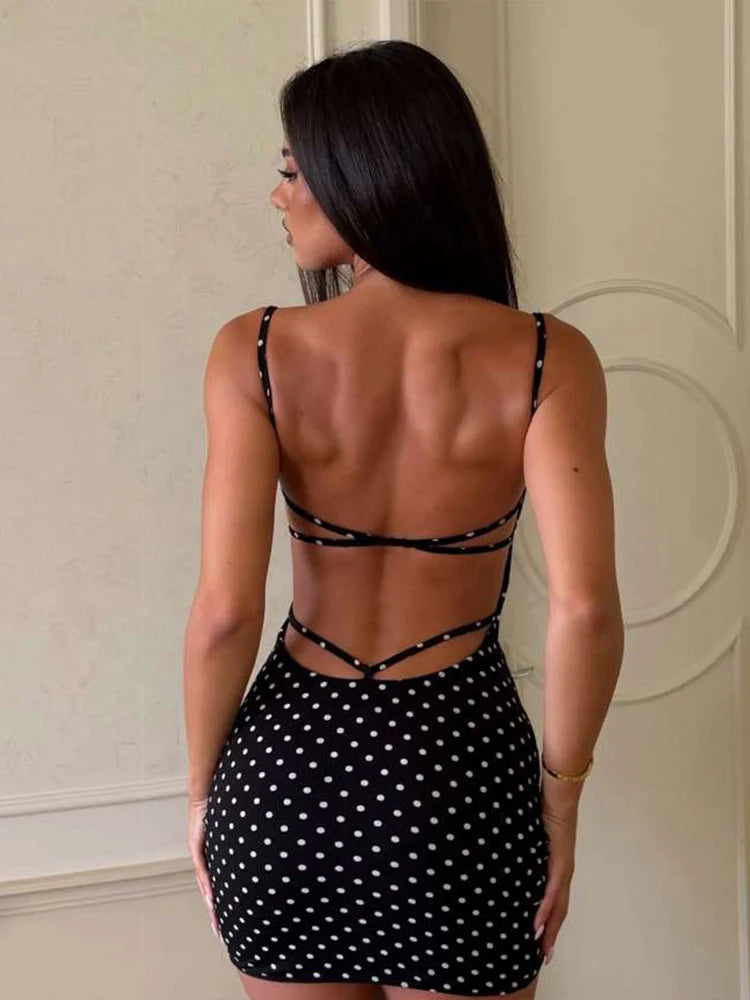 Kliou Sexy Fashion Mini Dress Woman Polka Dot Print Low-Neck Backless