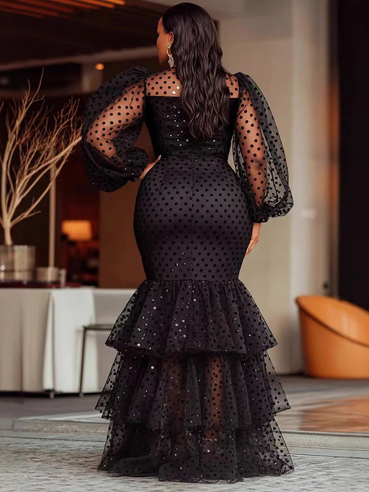 Women's Plus Size Polka Dots Evening Dress Crew Neck Mesh Sheer Prom