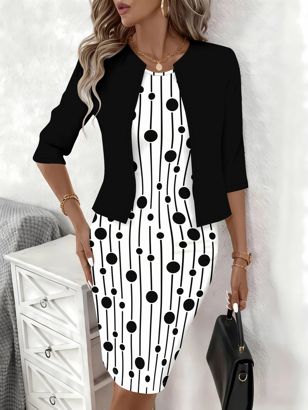 Printed Design Autumn and winter casual style black and white polka dot striped
