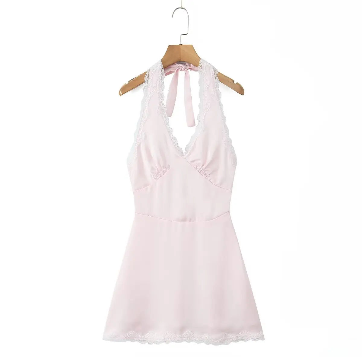 YENKYE Lace Spliced Polka Dot Halter Dress Women