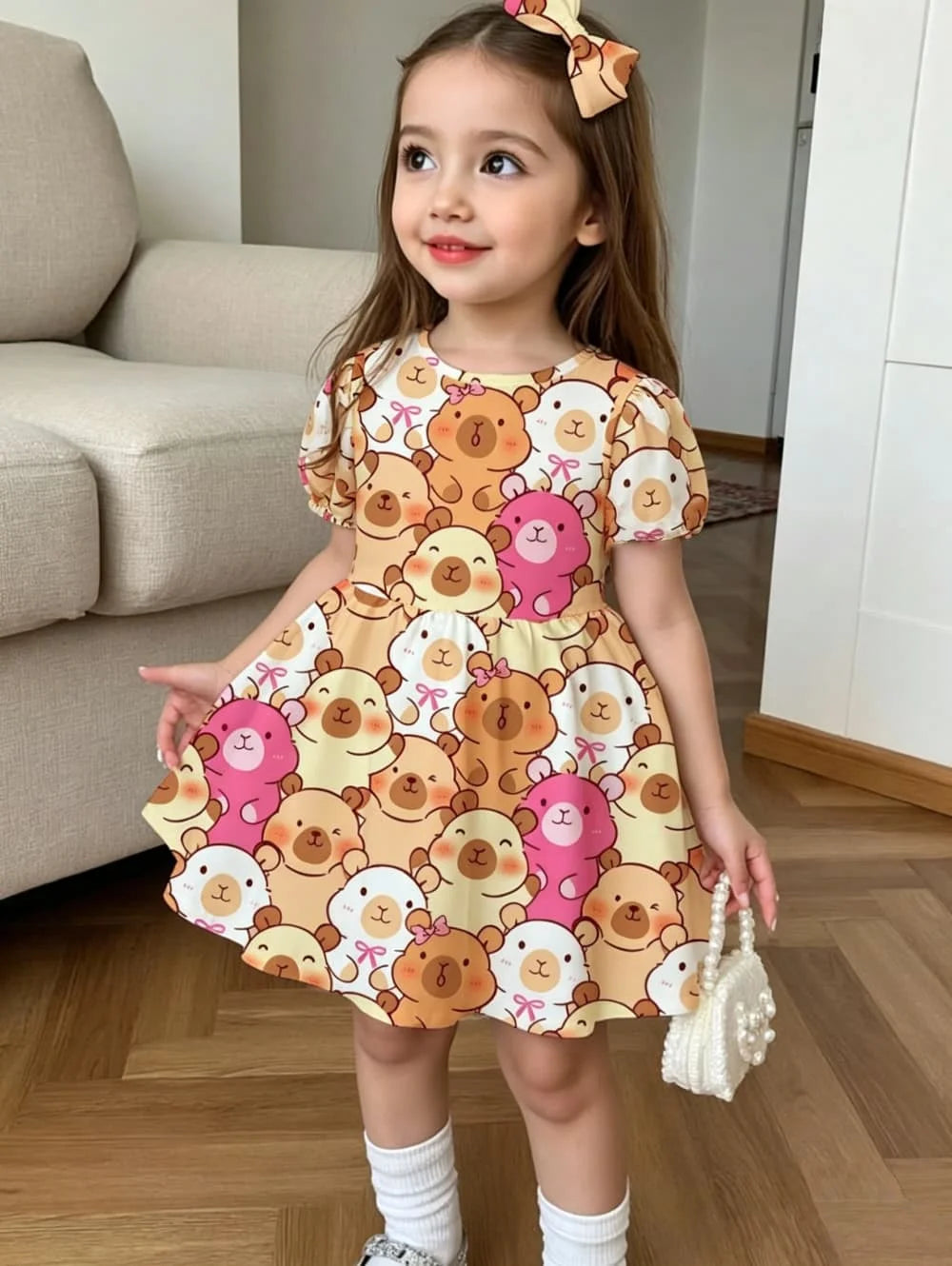Cute Polka Dot Bow 3D Print Dress for Girls Casual Short Sleeve Dress C