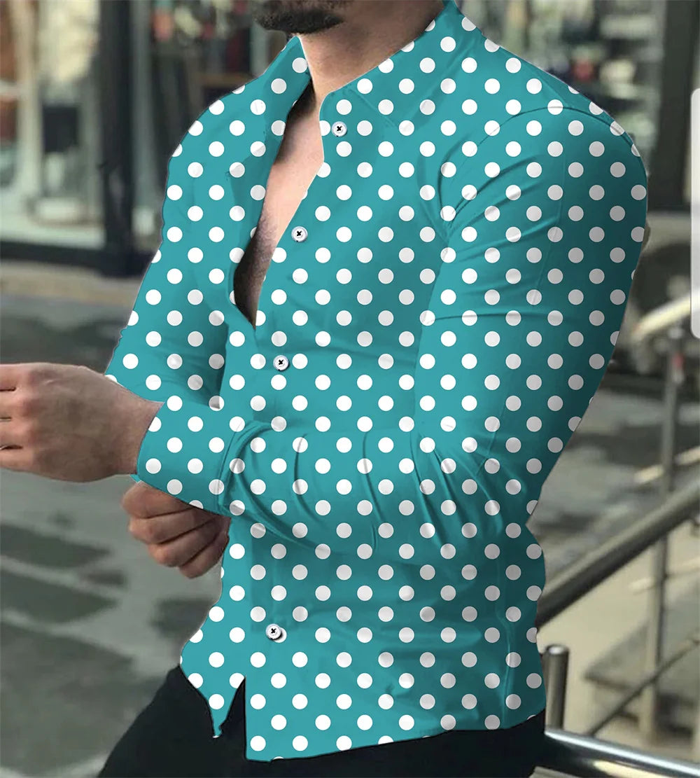 Men's Long Sleeved Polka Dot Printed Lapel Top Button Up
