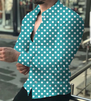 Men's Long Sleeved Polka Dot Printed Lapel Top Button Up