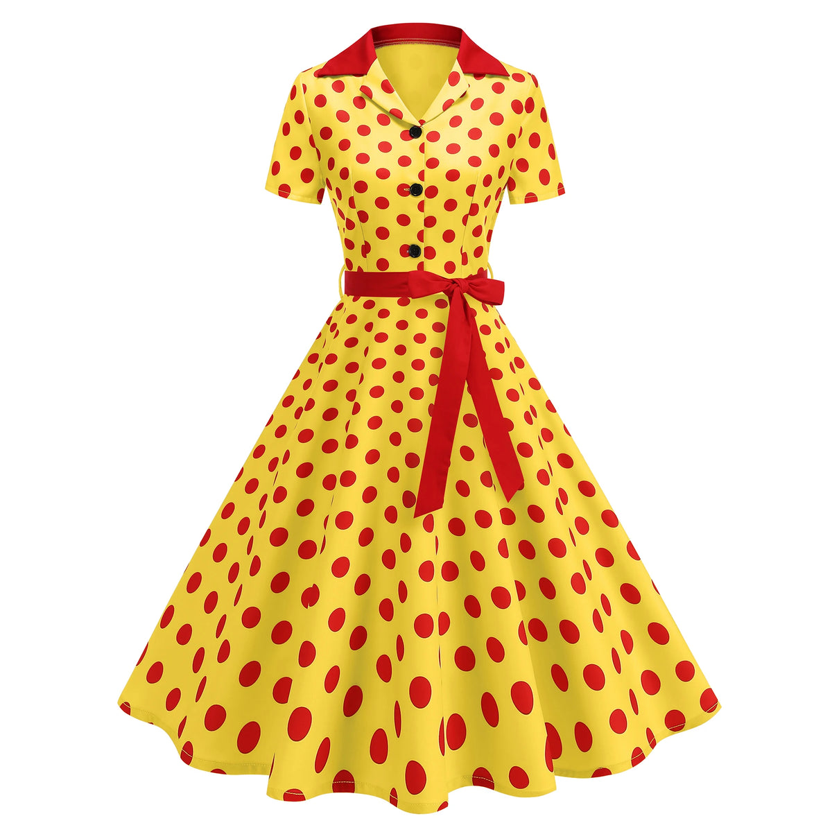 Tonval Contrast Notched Collar and Belt Polka Dot 50s Women Dresses