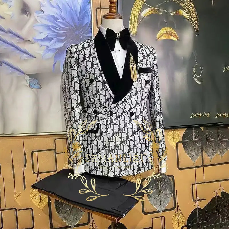 Latest Design Men's Suit Houndstooth Jacket Black Pants 2 Pieces Double Breasted Slim Fit Formal Wedding Tuxedos Evening Dress