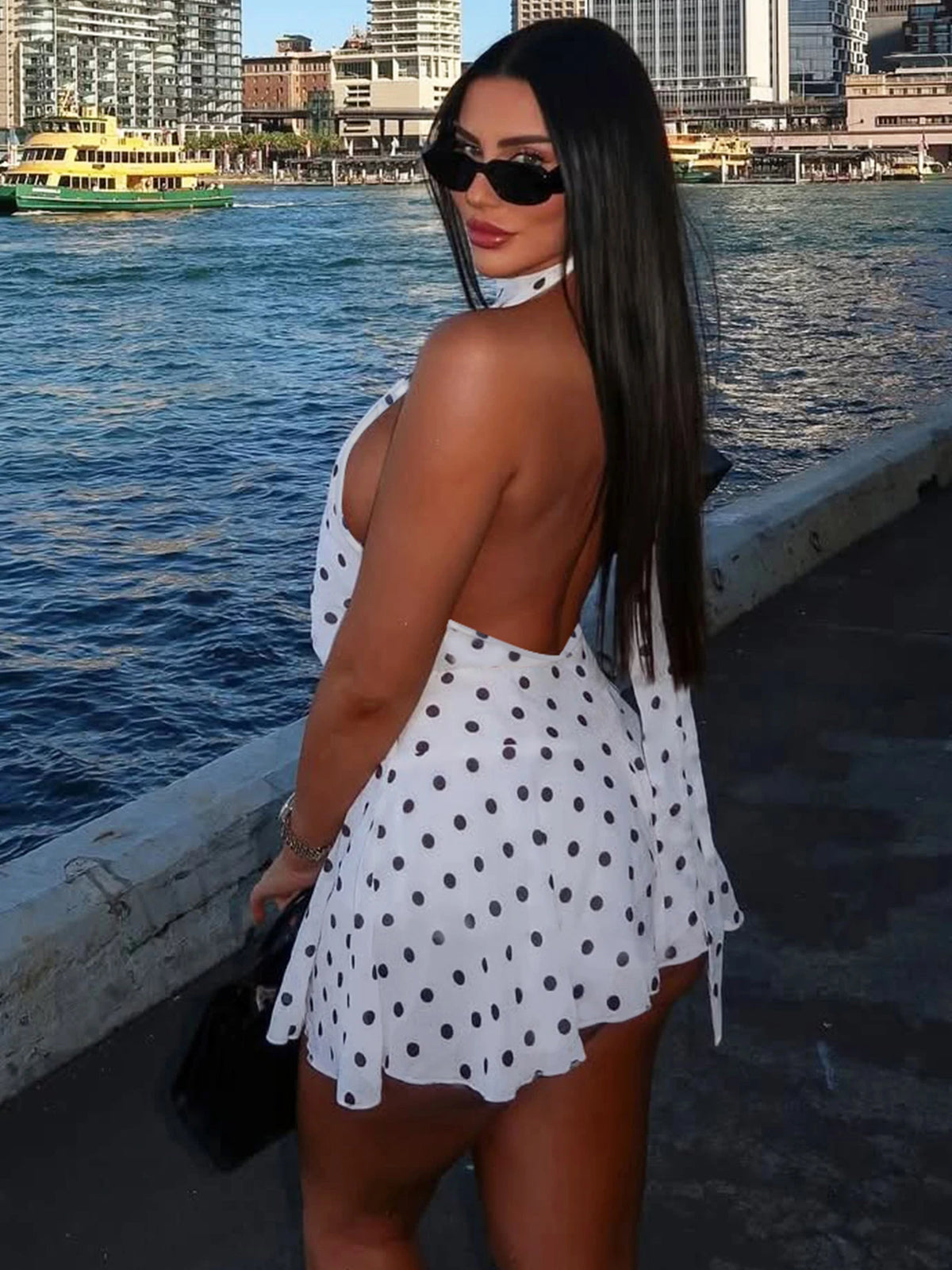 Hugcitar Polka Dot Print Halter Sleeveless Backless Bandage Sexy Slim
