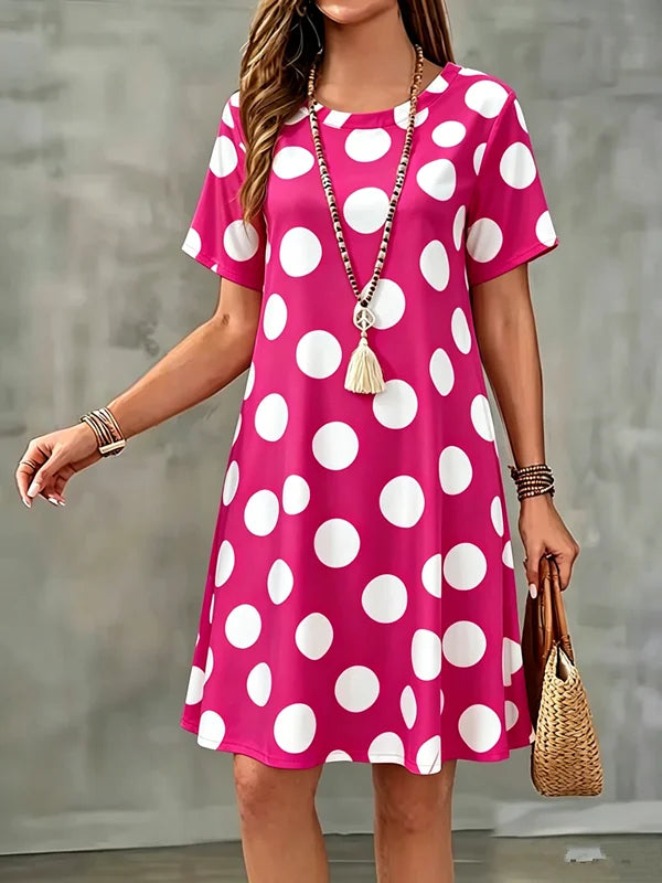 Summer Women Dress Polka Dots Print Short Sleeve O-Neck  A-Line Dress