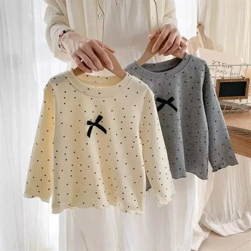 Kid T-shirt Polka Dot Black Bow Long Sleeve Base Shirt Spring