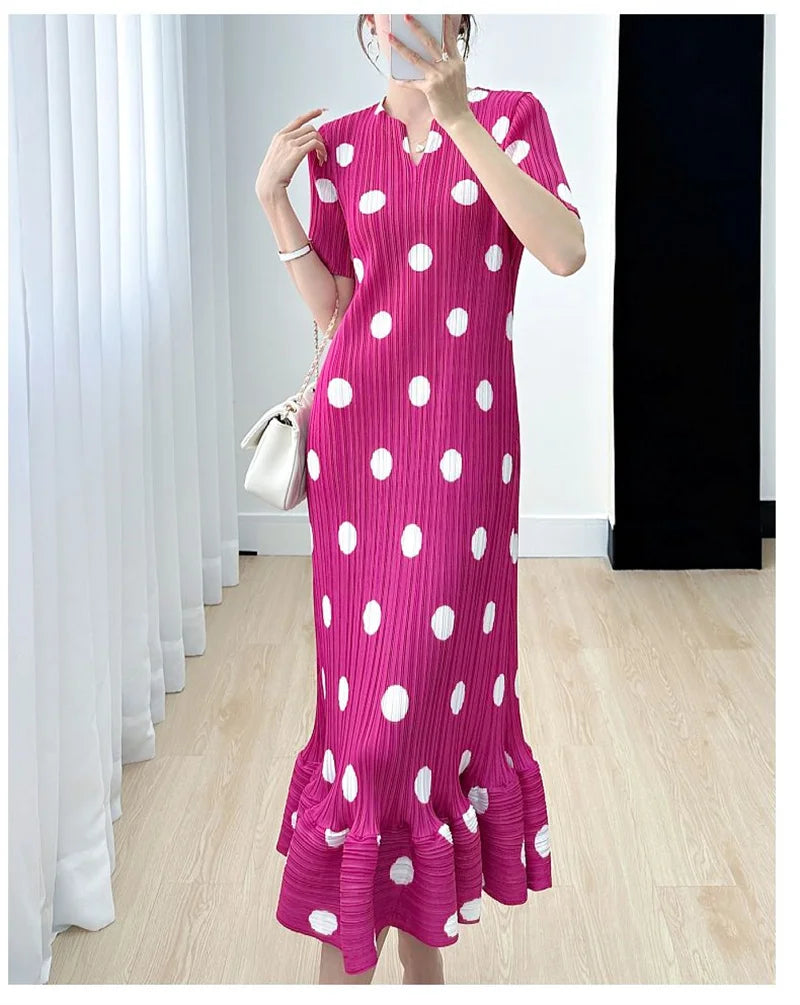 Beautiful Womens Dresses Evening Dresses Miyake Summer Ladies Polka-dot V-neck