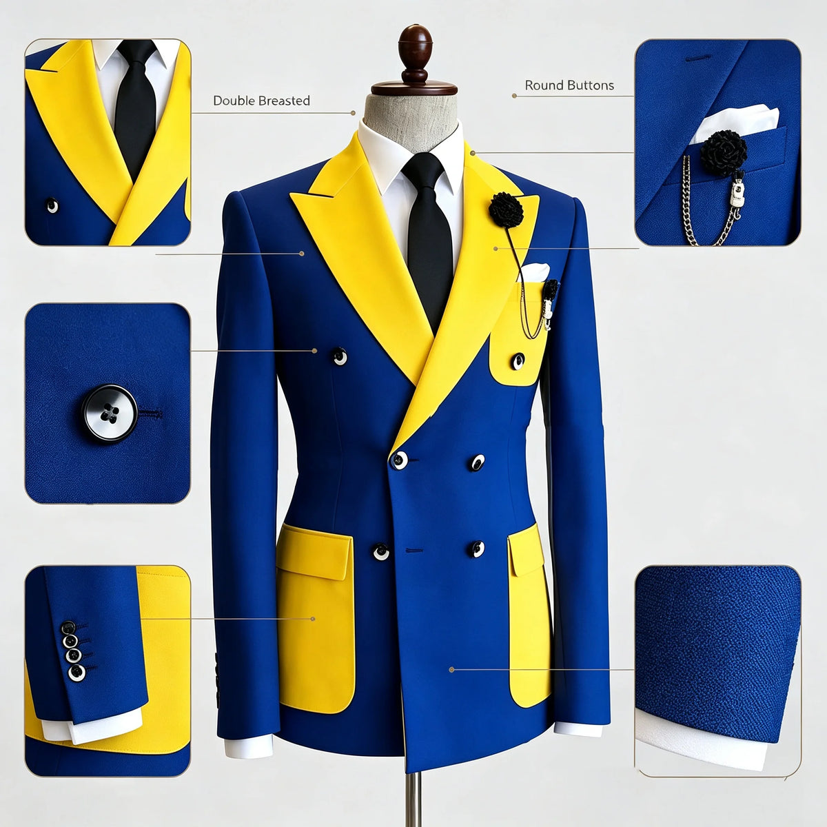 Men's Colour Block Double-Breasted Peak Lapel Blazer