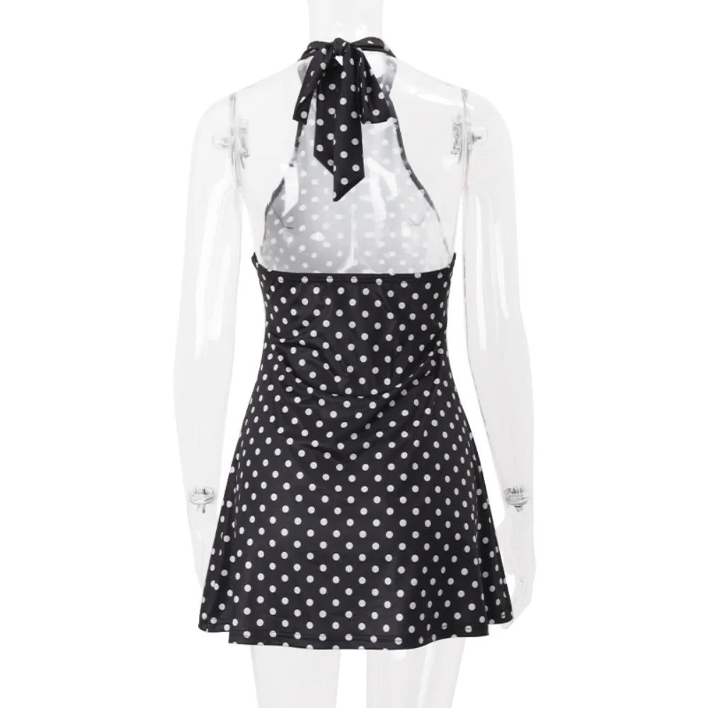 Women Black Polka Dot Halter Neck Mini Dress Sleeveless A-line Backless