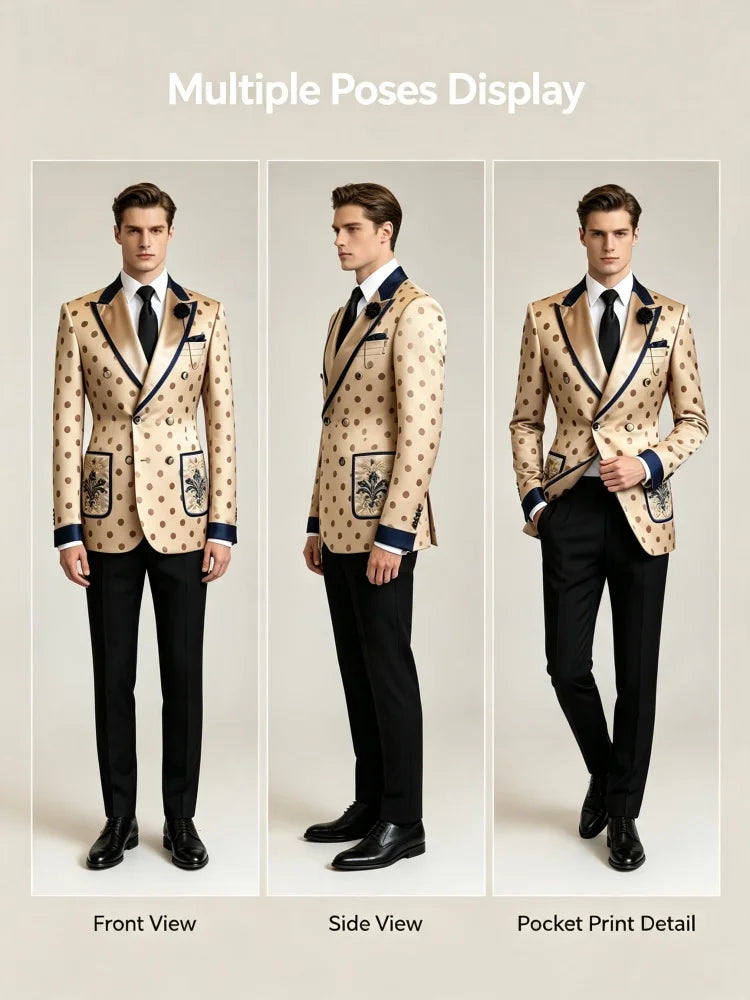 Men's Slim Fit Polka Dot Satin Business Casual Blazer Contrast Peaked Lapel