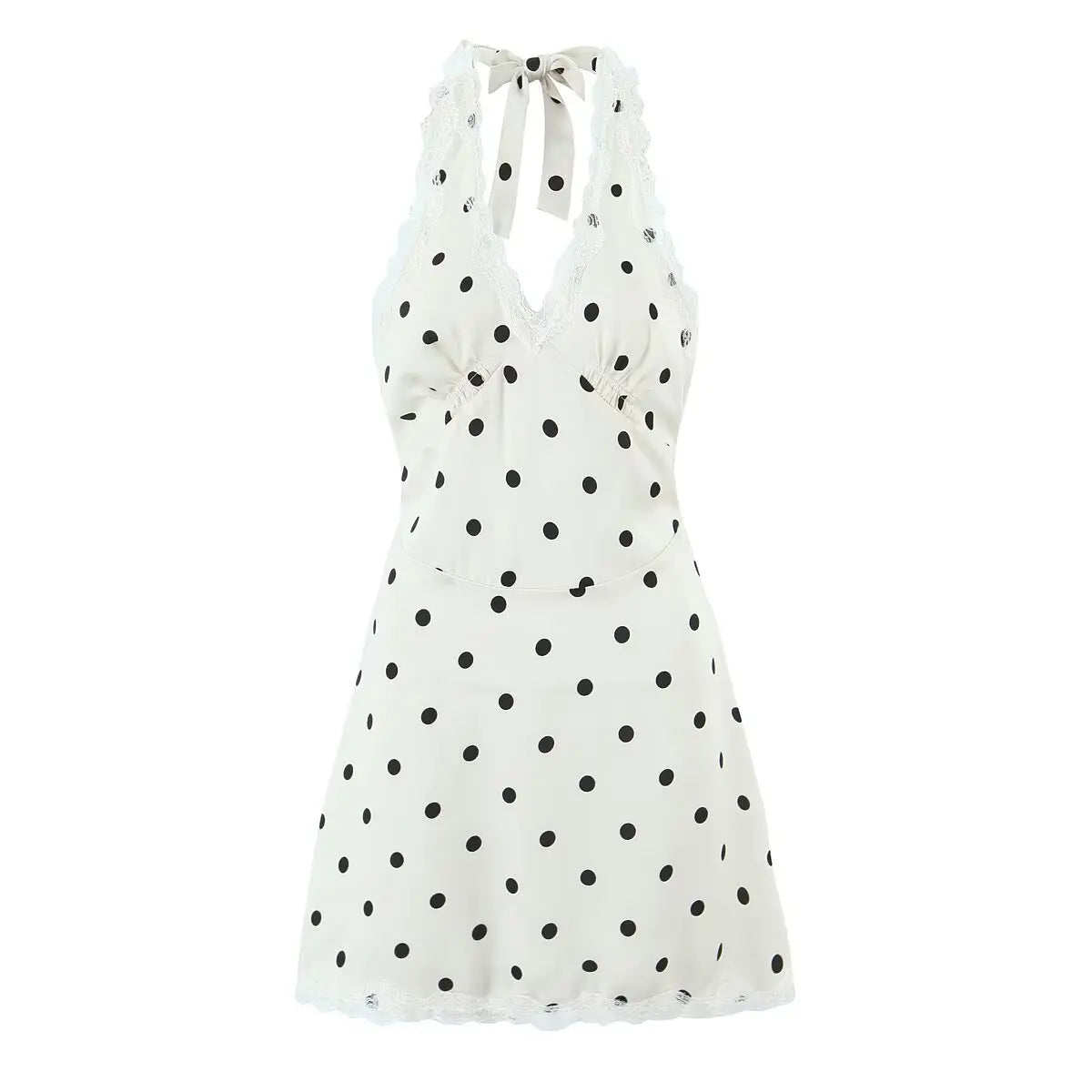 YENKYE Lace Spliced Polka Dot Halter Dress Women