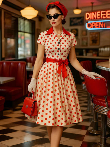 Tonval Contrast Notched Collar and Belt Polka Dot 50s Women Dresses