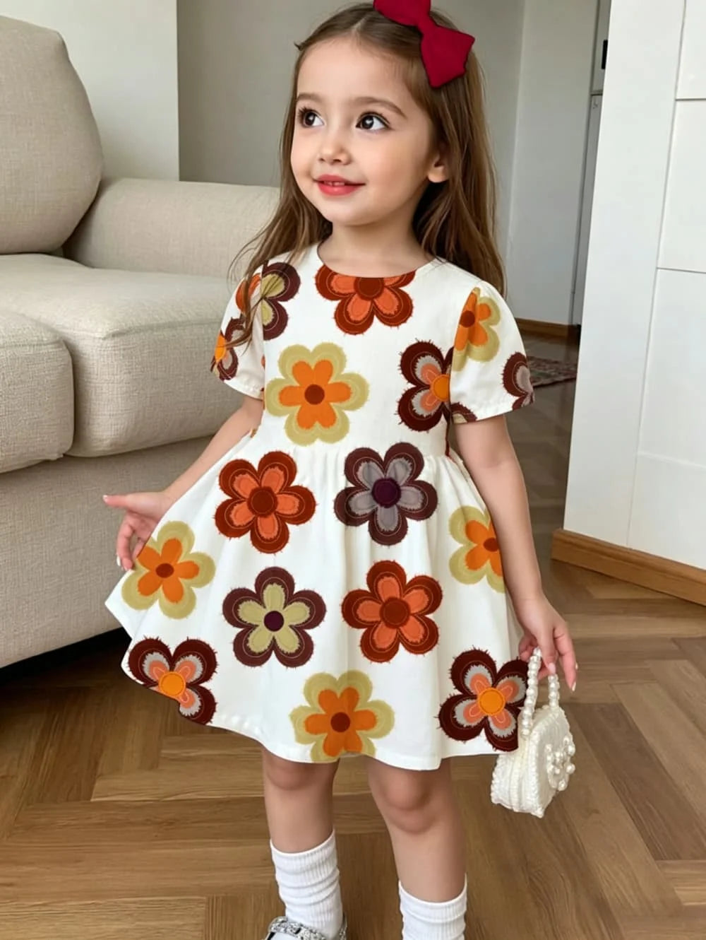 Cute Polka Dot Bow 3D Print Dress for Girls Casual Short Sleeve Dress C