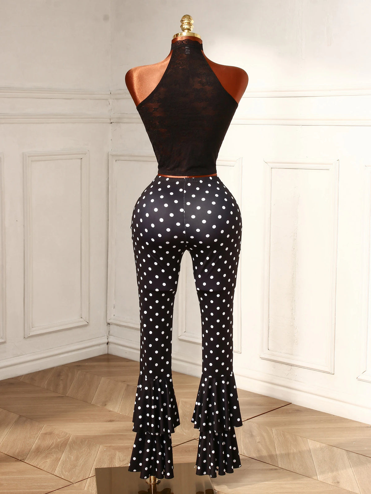 Chic Women Polka Dot Print Two Piece Set Sexy Lace Hole Crop Top+Bodycon