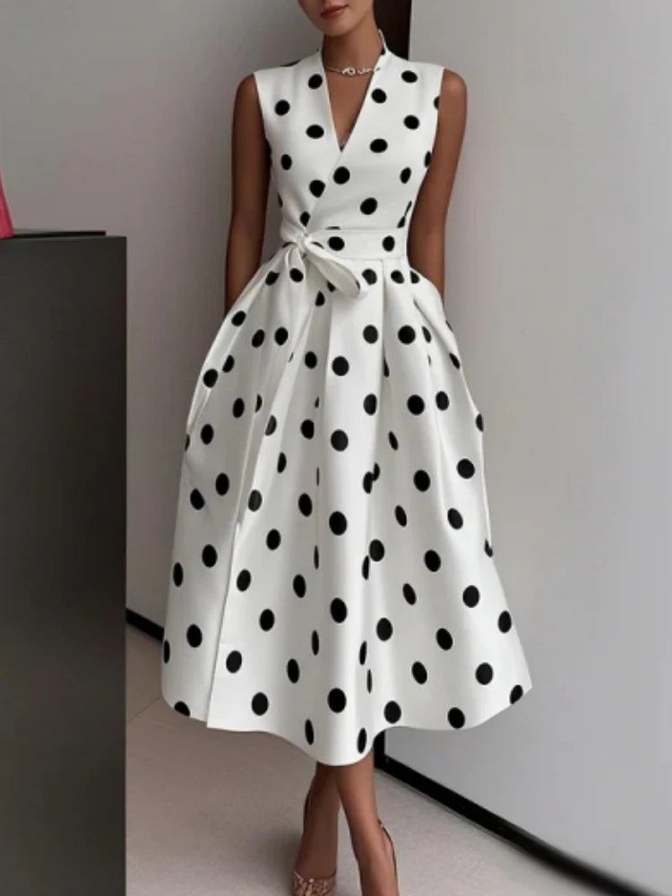 Summer Dresses for Women Sleeveless Retro French Polka Dot V-Neck
