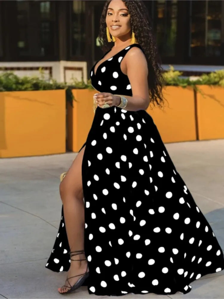 Sexy Deep V Neck Polka Dot Long Dress For Women Summer Boho Sleeveless