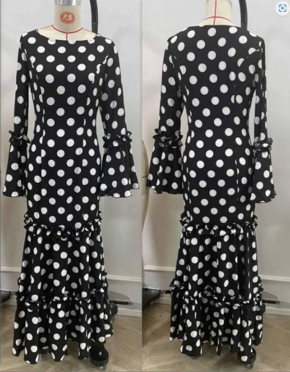 Elegant Ladies Dress Fashionable Trumpet Sleeves Polka Dot Decoration