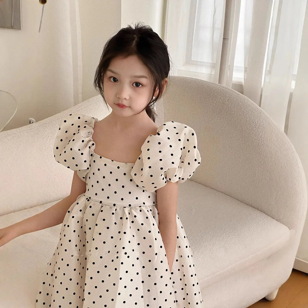Girls Polka Dot Party Dress Summer Bubble Sleeves Princess