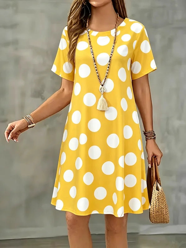 Summer Women Dress Polka Dots Print Short Sleeve O-Neck  A-Line Dress