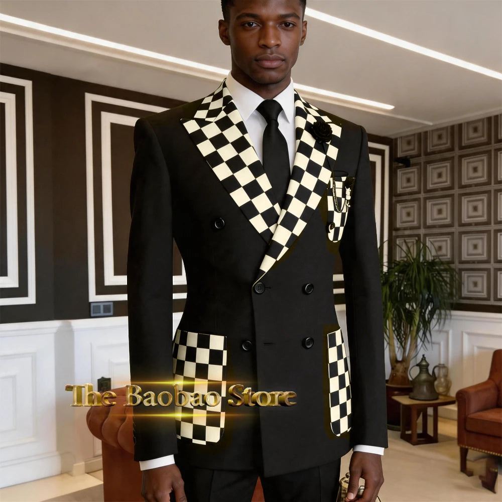 Stylish Men's Suit Black White Checkerboard 2pcs Double Breasted Blazer Pants Custom Slimming Set Wedding Banquet Party Tuxedo