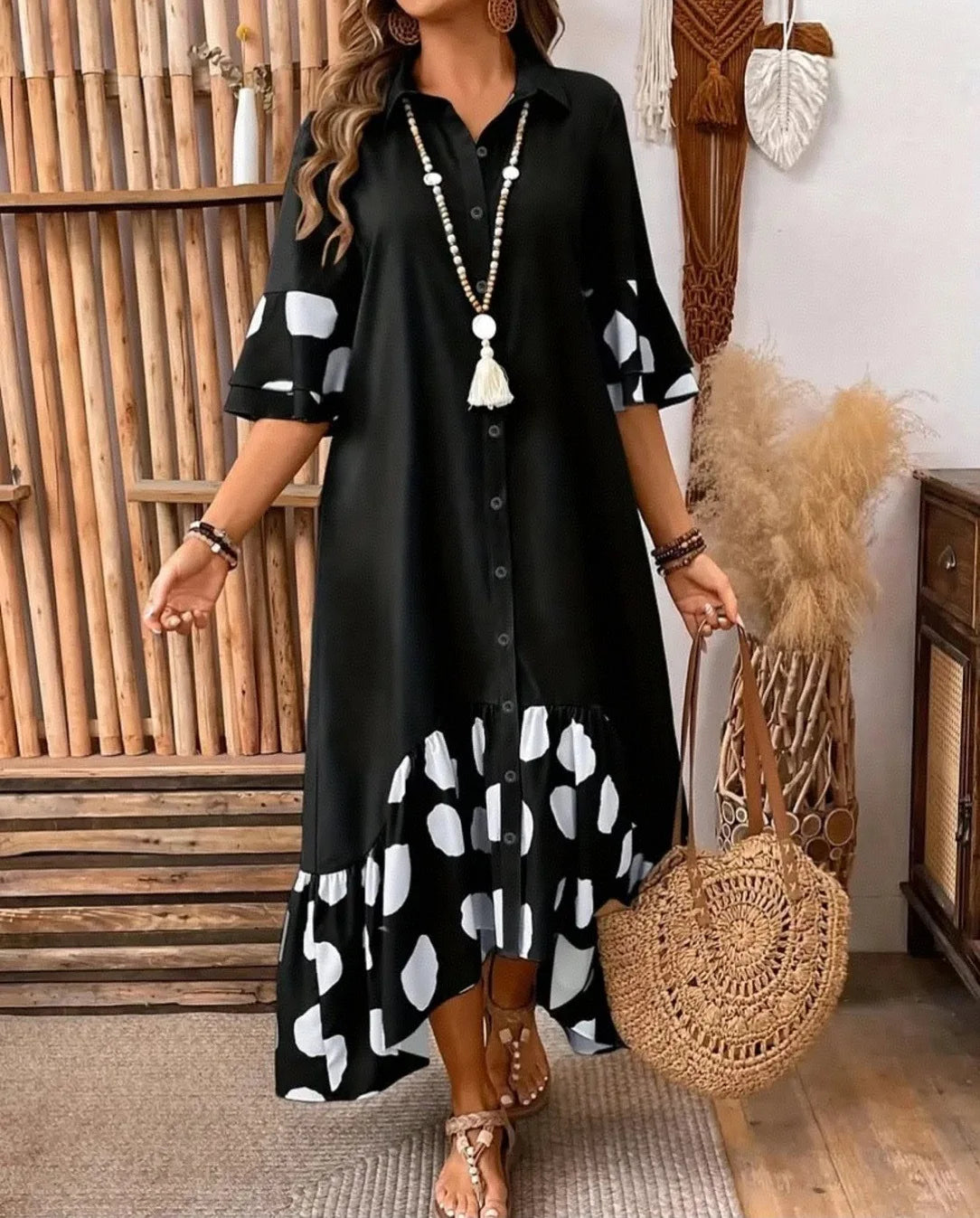 Polka Dot Lapel Shirt Dress with Flared Sleeves