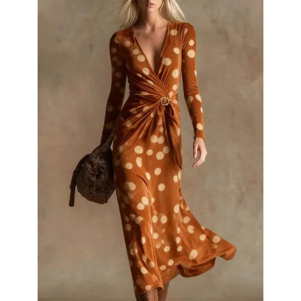 Women's Pink Purple Polka Dot Velvet Maxi Dress Colorful Long Sleeve