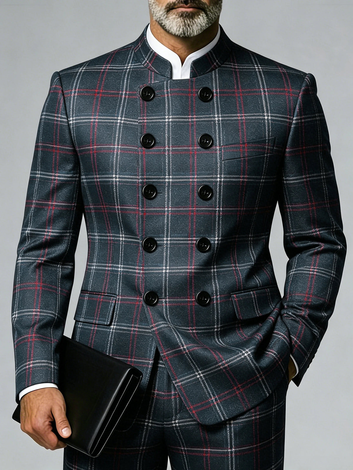 Men Plus Size Luxury Classic Blazer Mandarin Collar Polka Dot Double Breasted Long Sleeve Slim Business Party Outerwear Jacket