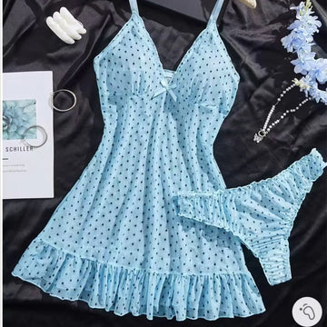 Ladies Sexy Pink Deep V Neck Polka Dot Stretch Mesh Camisole Nightdress With Matching Panties Sleepwear Lingerie Set