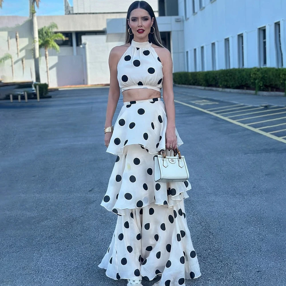 French Retro Holiday Women Long 2 Piece Elegant Polka Dot Sleeveless