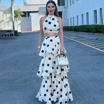 French Retro Holiday Women Long 2 Piece Elegant Polka Dot Sleeveless