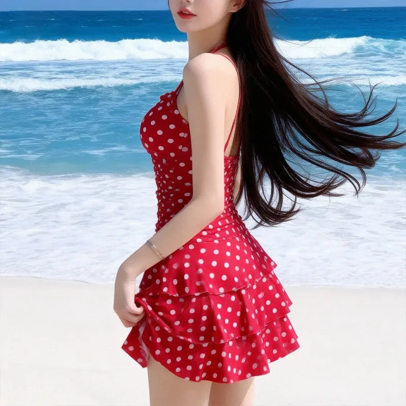 Sweet Red Polka Dot Halter One Piece Swimsuit Dress