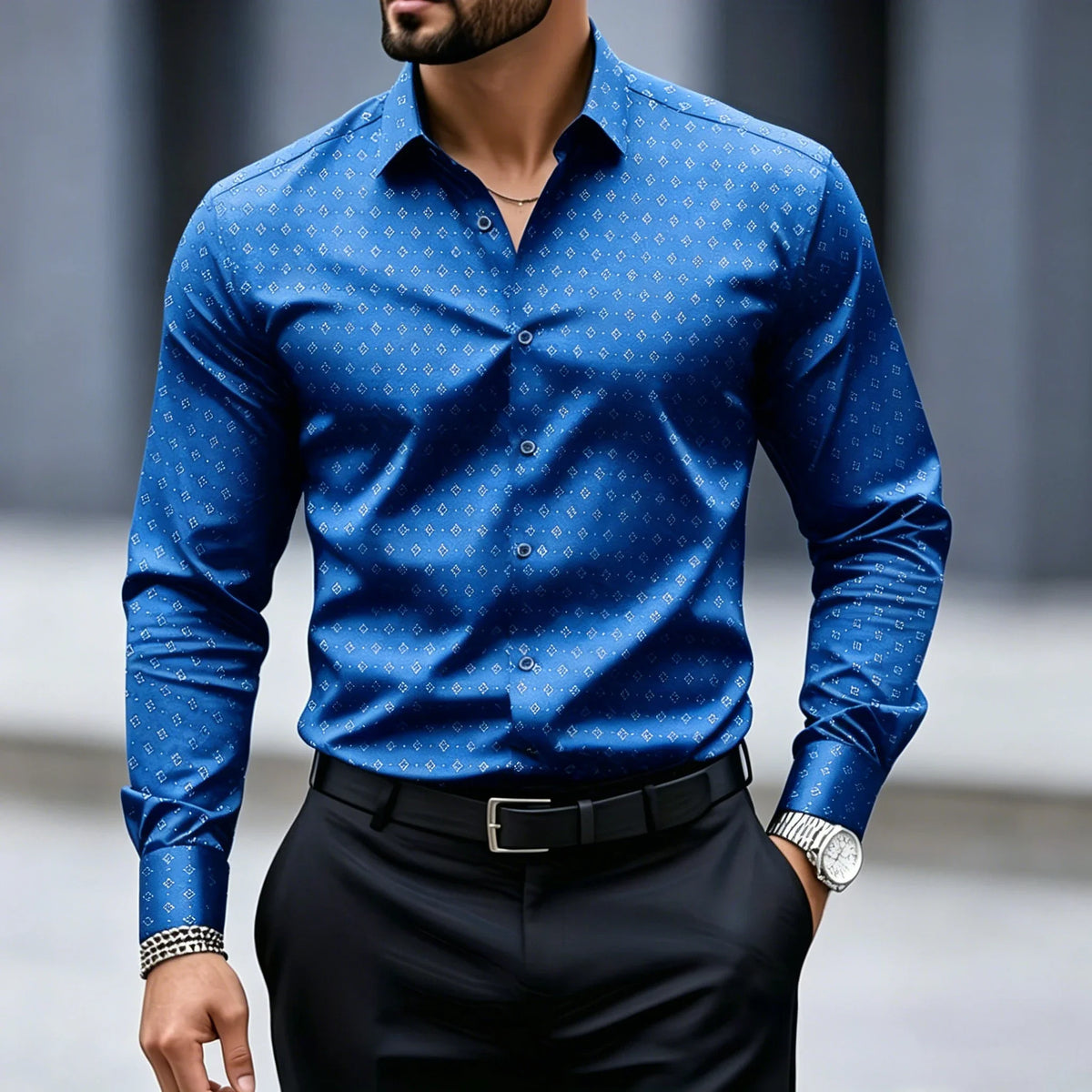 High end black fine geometric polka dot shirt for men slim fit long sleeved business suit