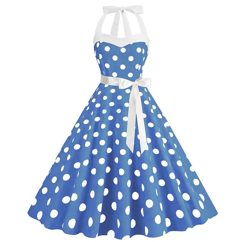 Women Summer Party Dress With Belt Polka Dot Print Halter Hepburn
