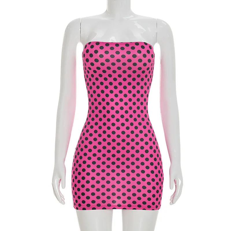 Sexy Strapless Backless Mini Dress Women Dot Print Party Club Clothes Bodycon