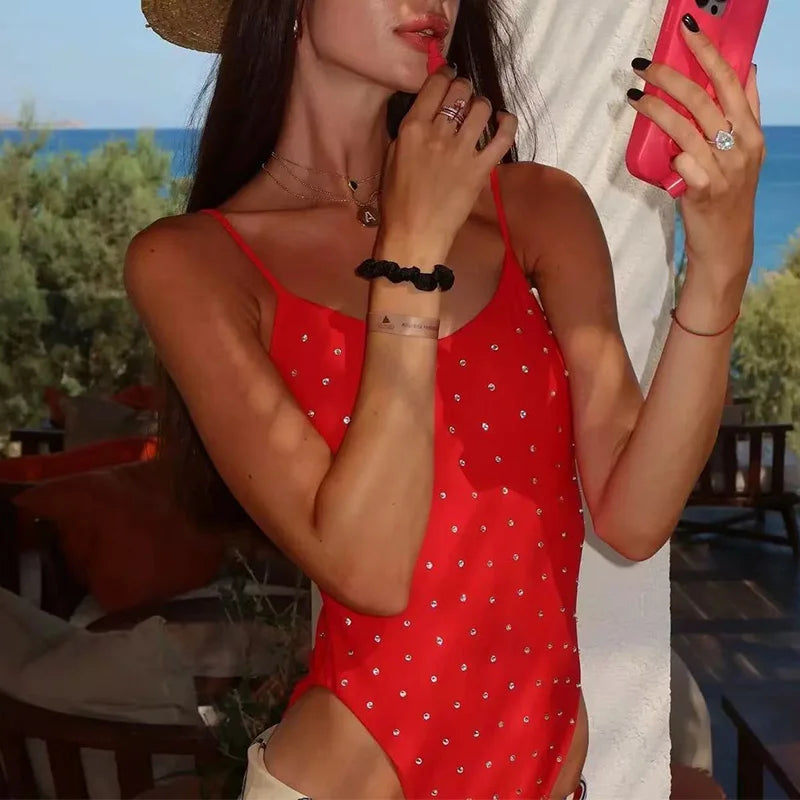 One-piece Swimsuit Suspender Design Red Polka Dot