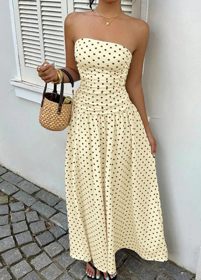 Polka-Dot Tube Top High-Neck Sleeveless Long Dress with Slim Fit