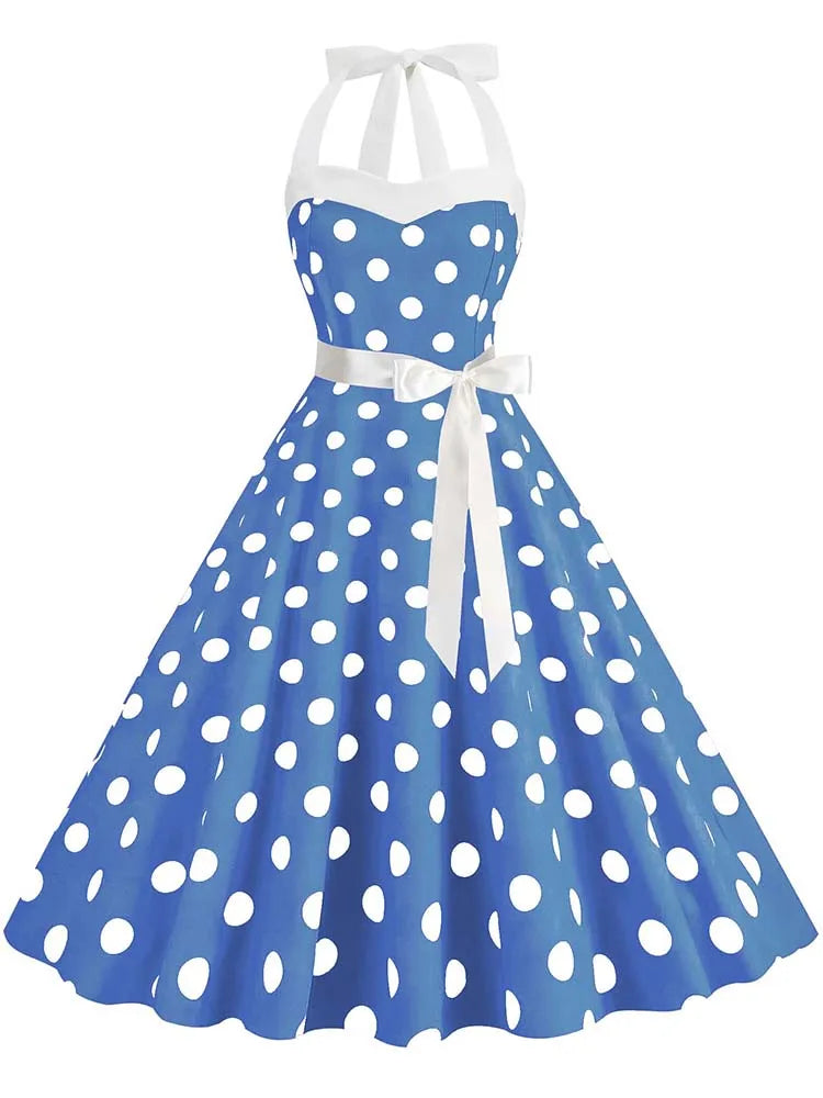 Women Summer Party Dress With Belt Polka Dot Print Halter Hepburn