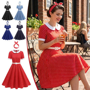 Women Retro Lapel Polka Dot Dress With Belt Rockabilly Evening Party Cocktail