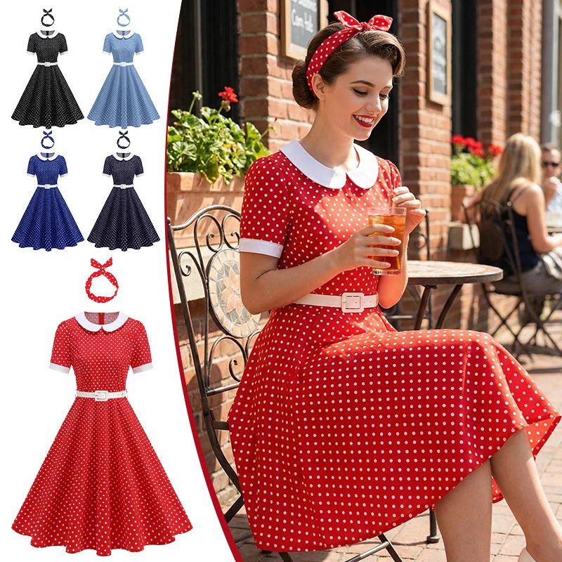 Women Retro Lapel Polka Dot Dress With Belt Rockabilly Evening Party Cocktail
