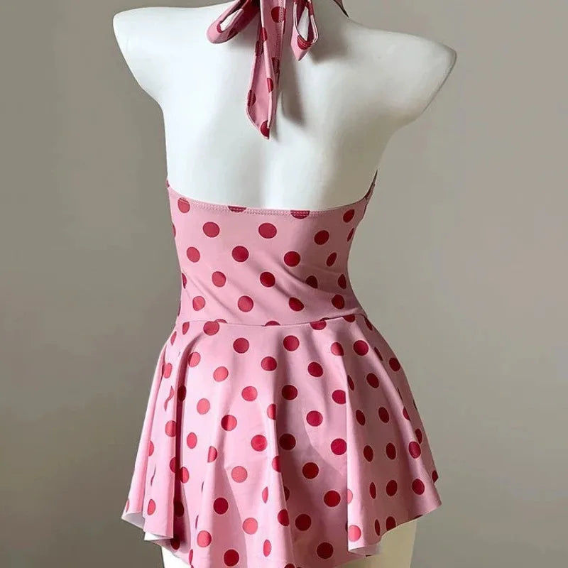 Women Swim Dress Pink Polka Dot One Piece Swimsuit