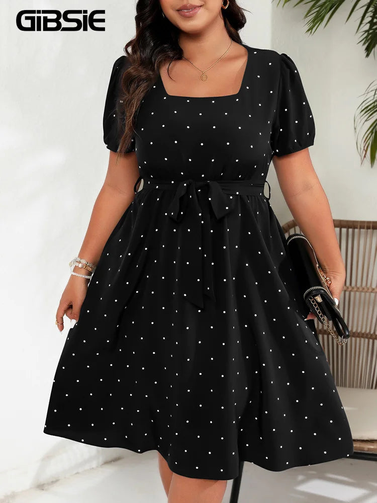 GIBSIE Plus Size Square Neck Polka Dot Belted Dress Women's Elegant Retro