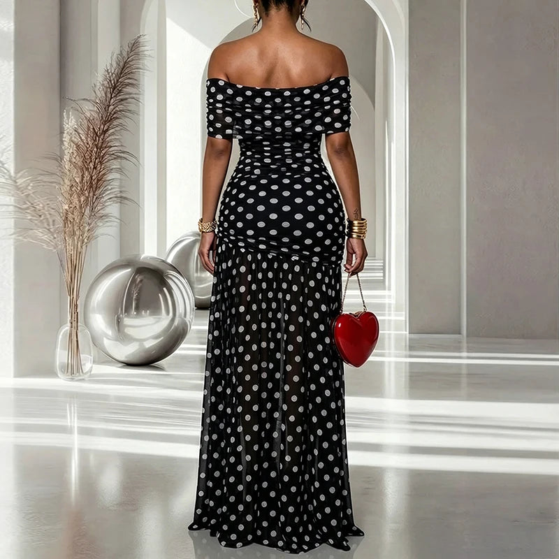 Polka Dot Mesh Off-Shoulder Pleated Party Dress