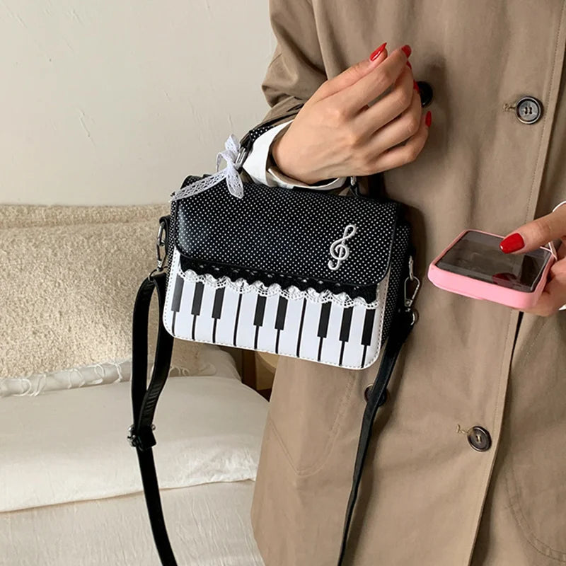 Girls Polka Dot Piano Key Handbag Black And White Retro