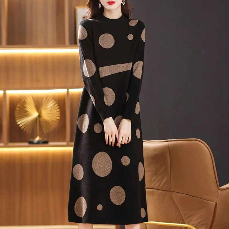 Vintage Polka Dot Printed Dresses Casual Half High Collar Autumn